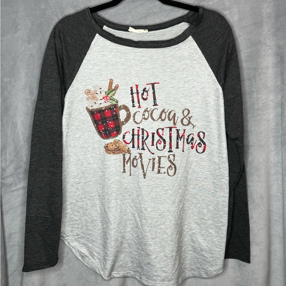 Gray and Black Long Sleeve Tee with Festive Print